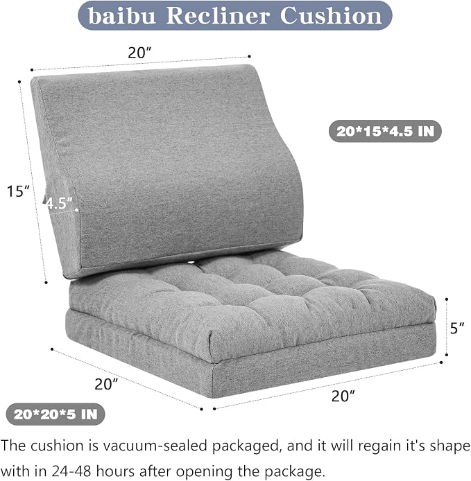 baibu Memory Foam Recliner Cushions with Lumbar Support Pillow for Elderly, 20x20x5 Inch Thick Dual-Layer Patent Design Non-Slip Recliner Seat Cushion for Reduce Hip & Lumbar Pain, Grey