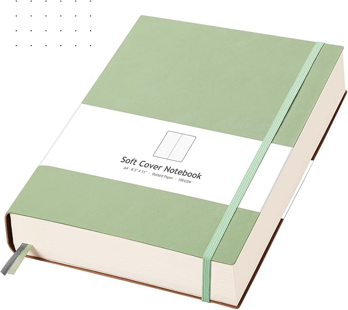 AHGXG Dotted Journal - Large A4 Notebook Dotted, 8.5''×11'', 320 Pages Dot Grid Notebook, 100gsm Thick Paper, Leather Softcover, with Journal Stencils, Inner Pocket, Light Green