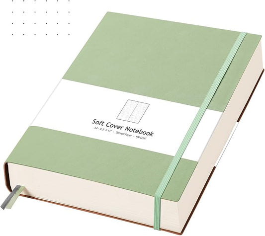 AHGXG Dotted Journal - Large A4 Notebook Dotted, 8.5''×11'', 320 Pages Dot Grid Notebook, 100gsm Thick Paper, Leather Softcover, with Journal Stencils, Inner Pocket, Light Green