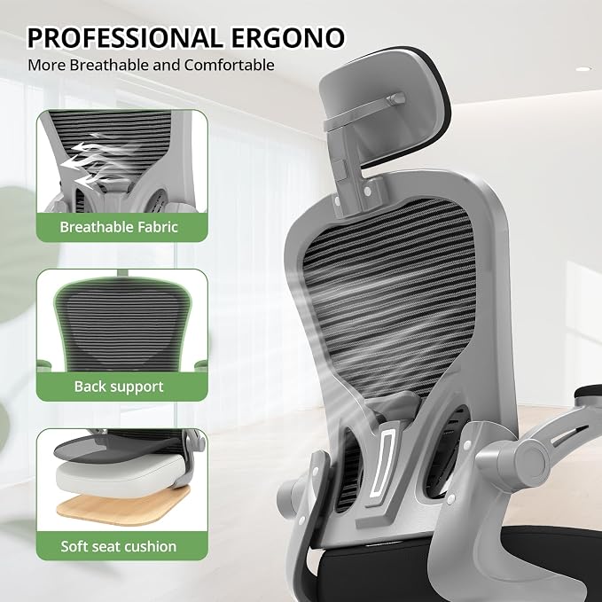 Office Chair Ergonomic Desk Chair, 330LBS Capacity, High Back Computer Design for Long Hours Comfort, Rolling Swivel for Home Office, Flip-up Armrests, Grey Black