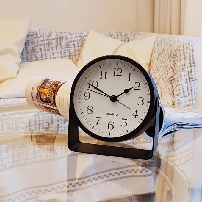 Desk Alarm Clock, Silent Non-Ticking Battery Operated Analog, Black | On-Demand Night Soft Light, 360° Rotatable, Metal Frame, for Bedroom Bedside, Shelf, Mantel, Office Desk, Travel