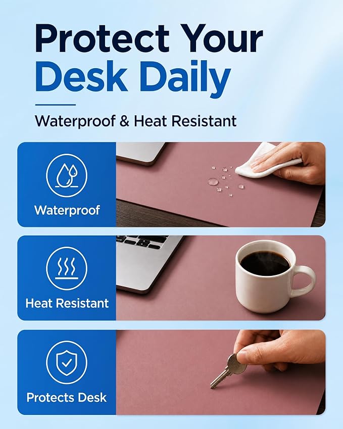 Aothia Dual-Sided Desk Mat, FSC Cork & PU Leather Desk Pad, Large Mouse Pad & Writing Surface for Full Desk Coverage, Non-Slip Waterproof Desk Protector - 47" x 23.6", Pale Mauve