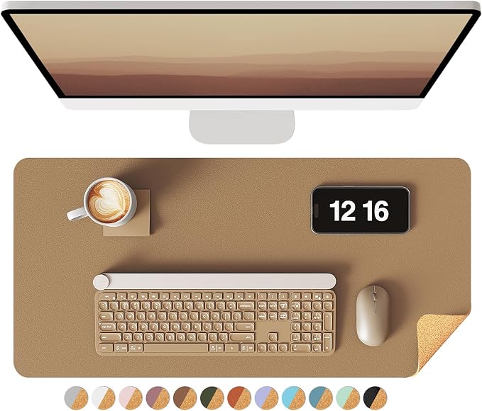 YSAGi Double-Sided Desk Pad, Leather Desk Mat, Eco Cork Desk Pad Protector, Large Mouse Pad for Desk, Waterproof Desk Blotter Pad, Desk Writing Pad for Office Work/Home(23.6"x13.7",Khaki+Cork)