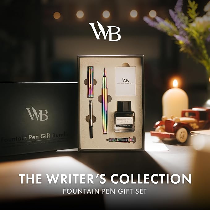 Wordsworth & Black Fountain Pen Set, 18K Gilded Medium and Extra Fine Nib, 25ML Black Ink Bottle, 6 Ink Cartridges,Refill Converter, Gift Box,Smooth Writing Pens [Rainbow],Gift Set for Men and Women