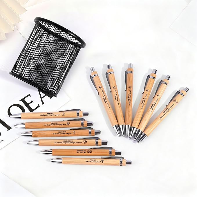 Bible Verse Pens 25 Pcs with 12 Christian Pens & 12 Refills & 1 Black Pen Holder Bamboo Retractable Ballpoint Pens Inspirational Quote Pen Religious Gifts for Men Women