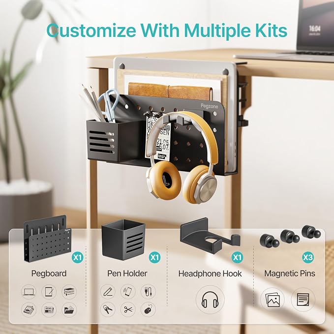 PEGZONE Desk Side Storage Organizer, Fits Flat Edge 0.4" to 2.2", Black | No Drill Under Desk Laptop Holder, Clamp on Desks Shelf with Pegboard Accessories, Hanging Laptop Mount