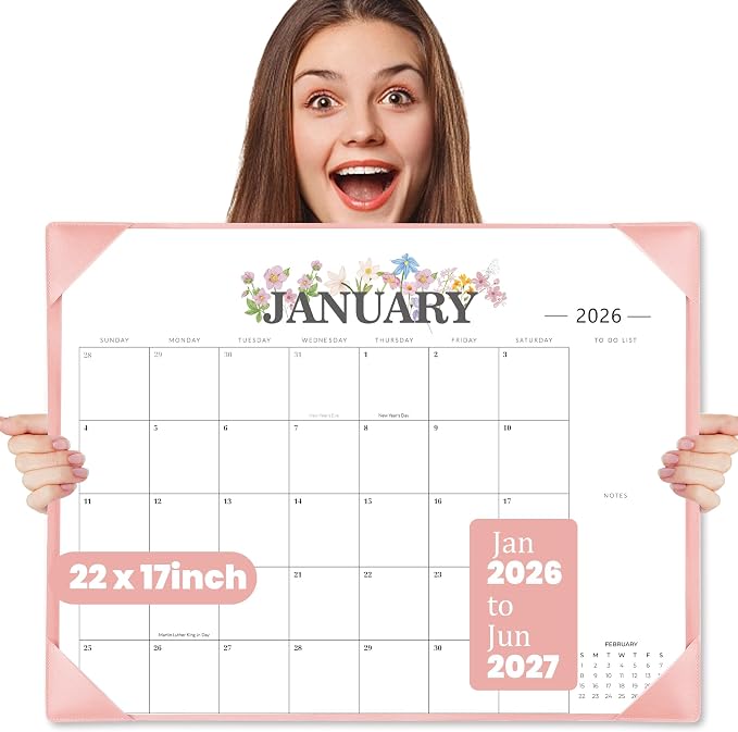 Desk Calendar 2026-2027 - 18 Month Desktop Calendars (Jan 2026–Jun 2027),Large 22x17 Monthly Calendar with Home & Office Floral Desk Pad Calendars (Pink, 22 * 17)