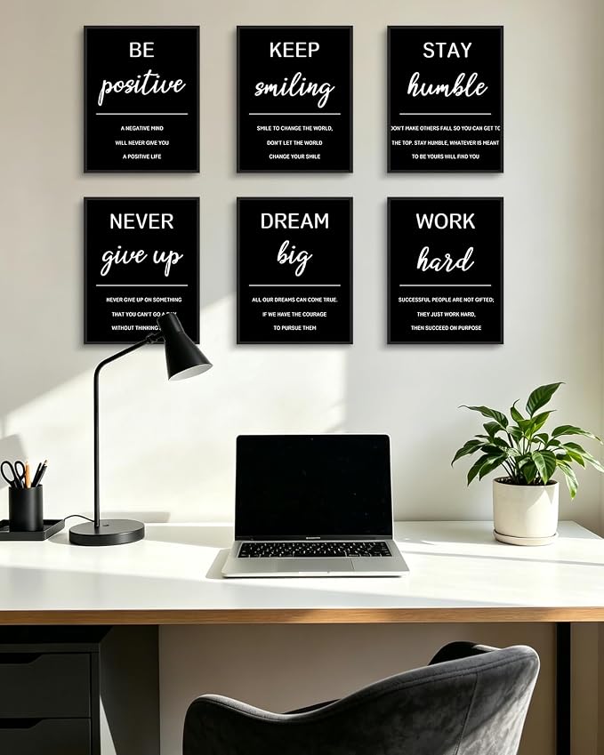 KUVIOKE Inspirational Framed Wall Art Motivational Quotes Wall Decor Encouraging Office Posters Sayings for Classroom Bedroom Living Room Ready to Hang Set of 6, 8x10in (Black Framed)