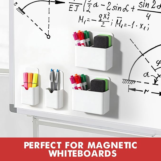 BEYGORM Magnetic Marker Holder, Dry Erase Pen Organizer for Whiteboard | 4 pack strong magnet backed plastic pencil & pen cups for classroom, locker & refrigerator accessories (White)