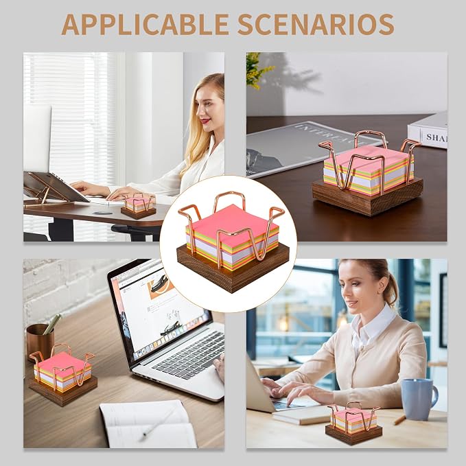 Walnut Wood Sticky Note Holder, 3 x 3 inch Self Stick Note Pad Holder, Post It Note Dispenser Desk Accessories for School and Office Desk Organizer, Rose Gold