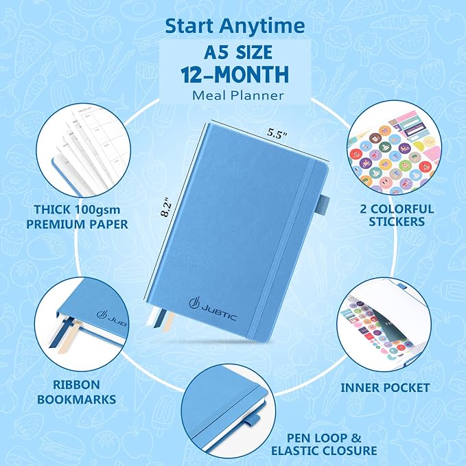 JUBTIC Weekly Meal Planner Notebook, Food Journal Daily Meal Prep Journal with Shopping and Grocery Lists for Food Planning Menu Planning Healthy Diet or Weight Loss Tracking, Undated, A5, Light Blue