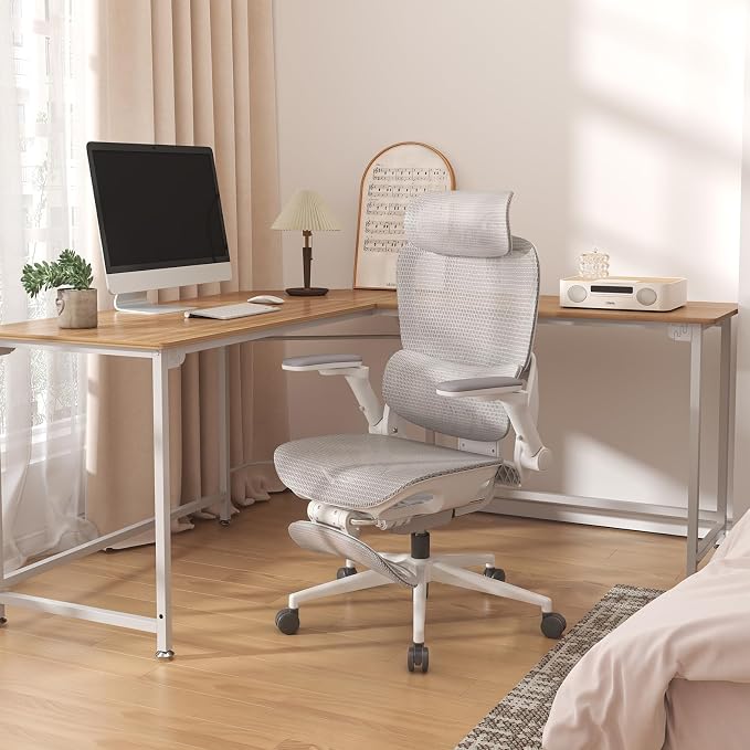 SIHOO B300 PRO Comfy Ergonomic Office Chair with FOOTREST, Mesh Computer Chair with 360° FILP-up 6D Armrests, 135° Reclining, Breathable Desk Chair for Home Office, Holds 300 LBS-White