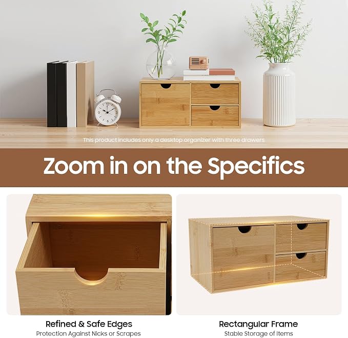 Desk Organizer, Office Vanity Bamboo Desk Organizer, Mini Bamboo Desk Drawer Tabletop Storage Box with 3 Drawer Night Stand Table Organizer for Makeup Vanity Office Supplies (3 Drawer, 1 Left+2 Right)