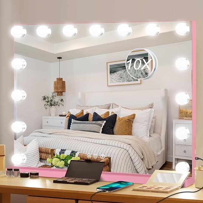 Moonee Vanity Mirror with Lights, Pink Hollywood Lighted Makeup Mirror with 15 Dimmable Bulbs and 10X Magnification, 3 Colors Modes, Aluminum Metal Frame, Light Up Mirror for Tabletop/Wall（23" x 18"）