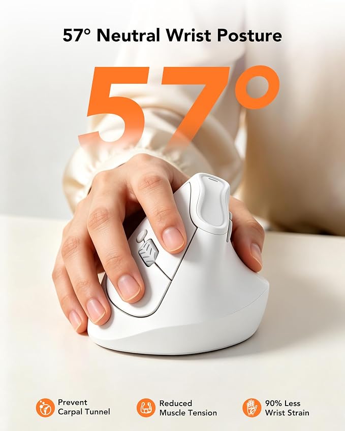 KYSONA Ergonomic Mouse Wireless, Bluetooth Vertical Mouse, 5-Level Adjustable DPI, 2.4G Silent Switch Mice for Windows, MacOS, IPadOS, Laptop, PC, White