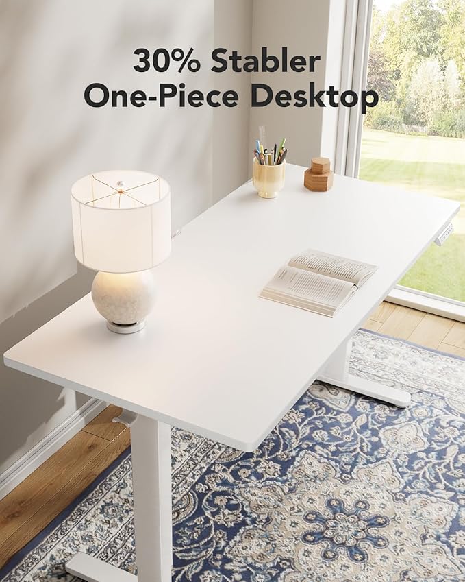 HUANUO Electric Standing Desk, Whole Piece Desktop, Adjustable Height Computer Desk, 4 Height Memory Settings, Sit Stand Up Desk for Home Office, 55" x 27", White