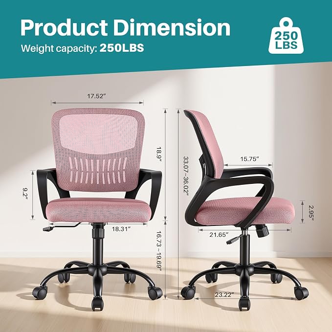 OLIXIS Ergonomic Office Desk Chair, Executive Mid-Back Computer Chair with Comfortable Lumbar Support & Rocking Mode, Height Adjustable with Fixed Armrest, 360° Swivel, for Adults, Pink