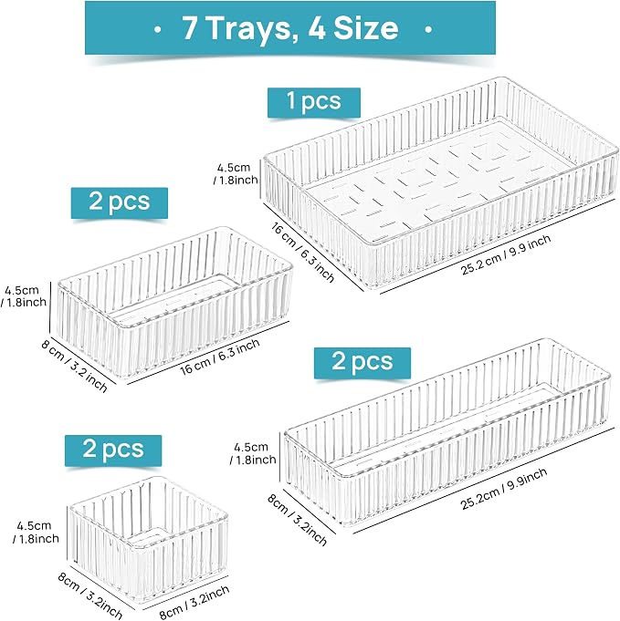 Vtopmart 7 PCS Clear Makeup Drawer Organizers Bins, 4-Size Stackable Makeup and Vanity Organizer Trays, Acrylic Bathroom Storage Containers for Cosmetic, Toiletries, Office Supply, Utensils, Gadgets | Vanity Organizer Trays for Makeup, Cosmetics, Jewel...
