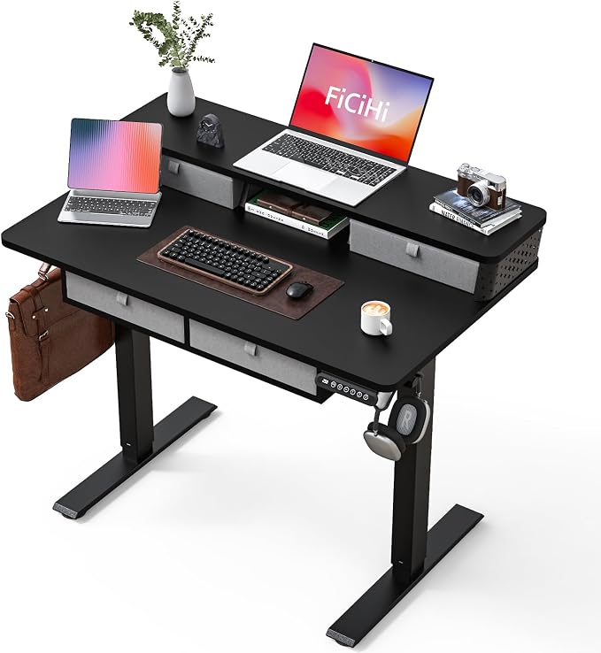FiCiHi 40x24 Inch Electric Standing Desk, 4 Drawers, Adjustable Height Desk | Small Sit Stand Computer Desks, C-Clamp Compatible Home Office Desk with Monitor Stand, Cable Management, 3 Preset Heights