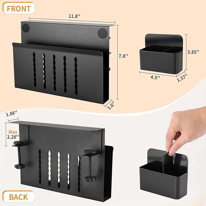 Desk Side Storage with Pen Holder, No Drill Hanging Organizer | Laptop Holder Under Desk Organizer, Multi-Functional Table Side Tray, Desktop Space Saver for Office & Home