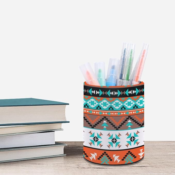 Western Aztec Pen Holder for Desk PU Pencil Cup Organizer | Round Desks Makeup Brush Holder for School Multifunctional Office Supplies