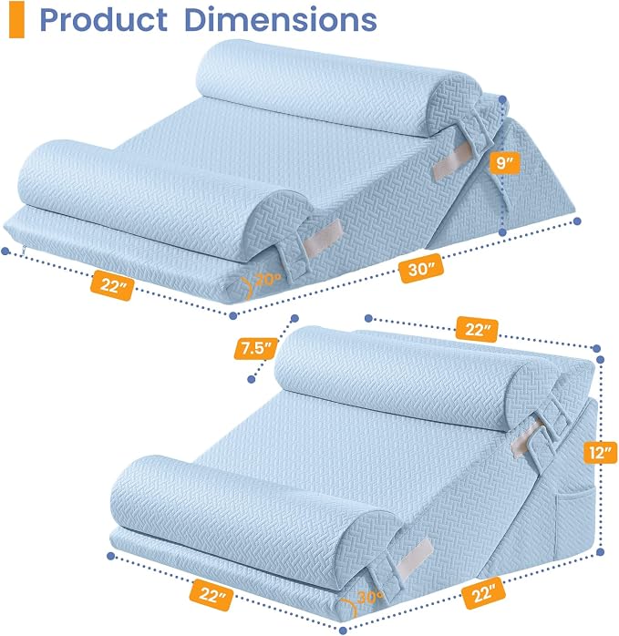 Sasttie Adjustable Wedge Pillow Set for After Surgery, Blue | 2PCS Bed Wedge Pillow Headboard with Memory Foam Neck Cushion, for Acid Reflux, Sleeping, Neck & Back Support