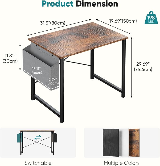OLIXIS Small Computer Desk, 31 Inch Home Office Desks, Writing Study Craft Work Gaming Table, Computer Workstation for Bedroom Small Spaces with Storage Bag, Rustic Brown