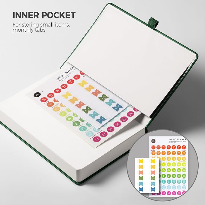 Undated Appointment Book, Hourly, Daily, 52 Weekly & 12 Monthly Planner, 6 AM - 8 PM, Medium Size (5.7" x 8.3"), Leather Hardcover, 12 Self-adhesive Monthly Tabs (Dark Green)