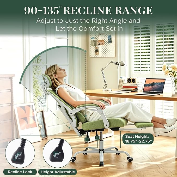 Ergonomic Office Chair with Footrest, High Back Home Desk Chair with Lumbar Support & Headrest, 90-135° Reclining Mesh Back Computer Chair with Wheels for Work, Gaming, Green