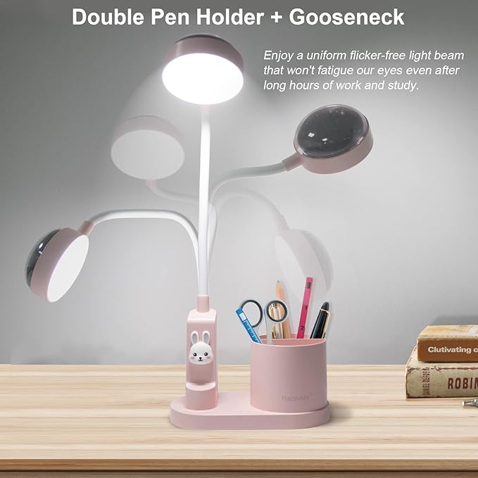 Pink Desk Lamp for Home Office, Touch Small Table Light for Kids | Eye-Care Dimmable Bedside Reading Light, Flexible Gooseneck, Star Projector Night Light with Pen Holder for College Dorm