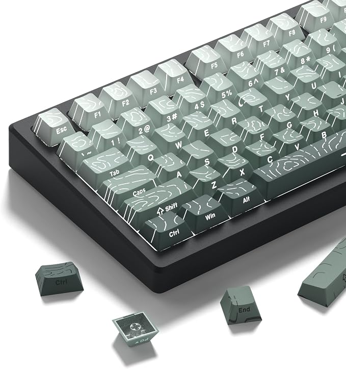 dagaladoo Seaweed Green Topographic PBT keycap Sets,Line Backlit Gradient keycaps,Shine Through Keyboard Keys caps,Side Printed Cherry Profile for 61/64/66/68/71/75/84/87/100/104 Mechanical Keyboards