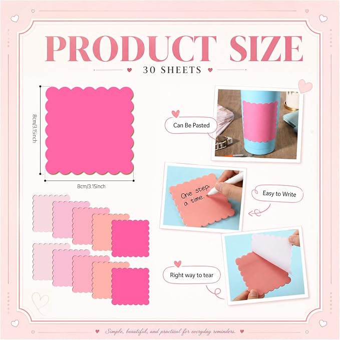Epakh 10 Pack Scalloped Sticky Notes Bulk 3"x3" Cute Aesthetic Memo Pads 5 Gradient Colors Wavy Self Notepads for Office Study and Daily Life Organization, 300 Sheets(Pink)