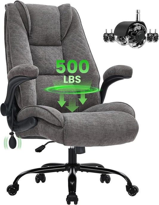 CIOMAN 500lbs Big and Tall Office Chair with Inflatable Lumbar Support, Rubber Wheels Executive Chair with Rocking Function, High Back Wide Cushion Ergonomic Desk Chair for All-Day Sitting,Grey