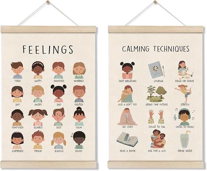 Feelings Chart, Emotions Learning Posters for Toddler, Mental Health Posters Hanger Frame, Set of 2 Kids Montessori Educational Artwork, Canvas Wall Art Decor for Counseling Office 16x12 Inch