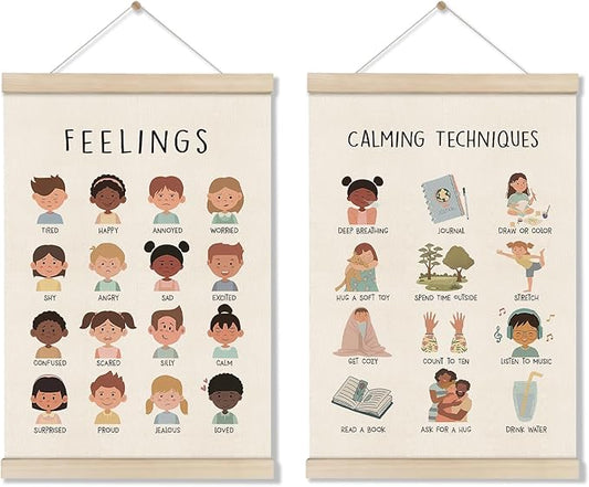 Feelings Chart, Emotions Learning Posters for Toddler, Mental Health Posters Hanger Frame, Set of 2 Kids Montessori Educational Artwork, Canvas Wall Art Decor for Counseling Office 16x12 Inch