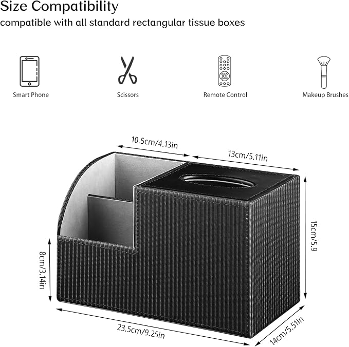 Square Tissue Box Cover with Storage, PU Leather Facial Cube Tissue Holder | Multifunction Remote Control Holder, Nightstand Organizer, Modern Desk Caddy for End Table Bathroom, Home, Office Decor