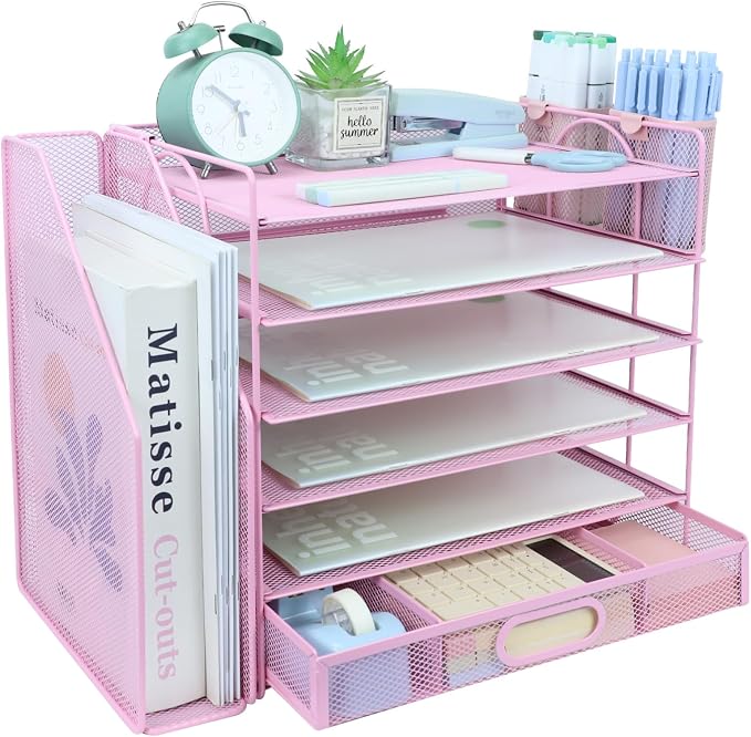 Desk Organizers and Accessories with File Holder, 6-Tier Paper Letter Tray Organiser with Drawer and 2 Pen Holder, Mesh Desktop Document Organizer for Office Supplies, Workspace - Pink
