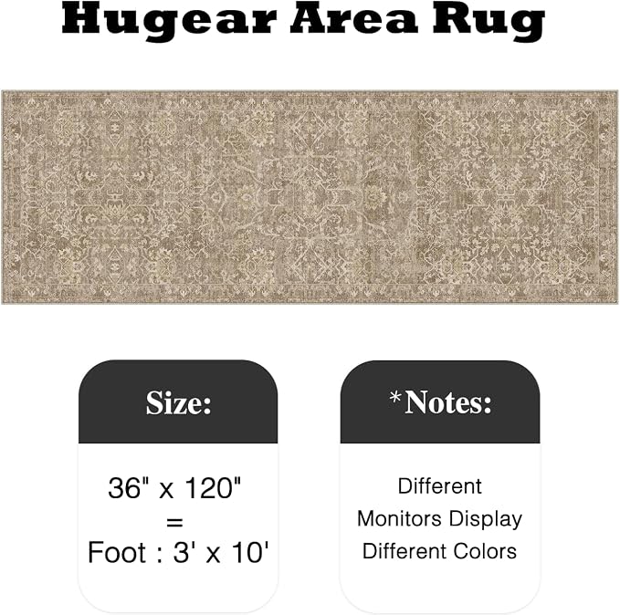 HUGEAR 3x10 Runner Rug Hallway Light Brown Machine Washable Vintage Floral Low Pile Carpet Vacuumable Distressed Long Throw Rug Bedroom Office Bathroom Kitchen Laundry Non Slip Soft Lightweight