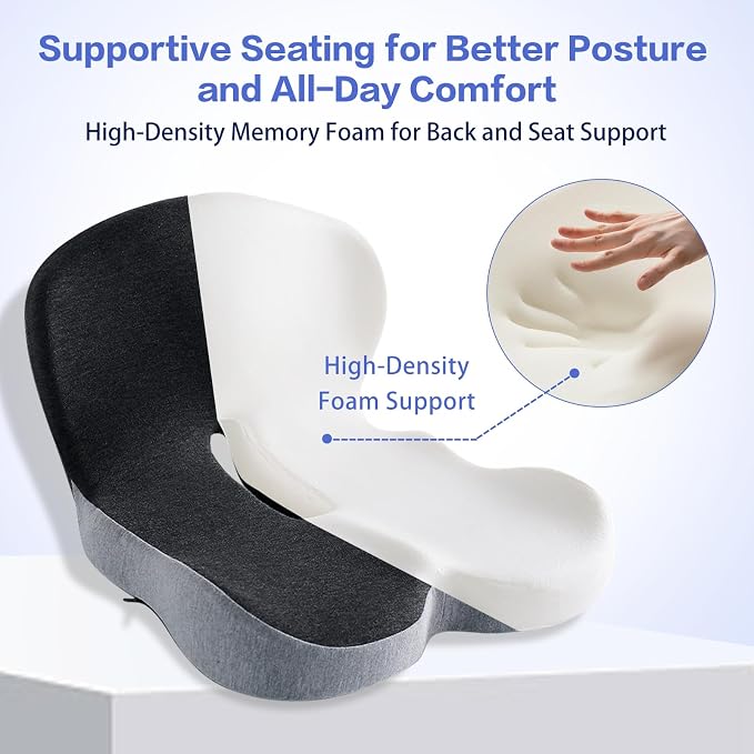 Back and Seat Cushion for Office Chair | Wide ergonomic memory foam, coccyx cutout & adjustable straps, tailbone & back relief, non-slip for car, home & gaming