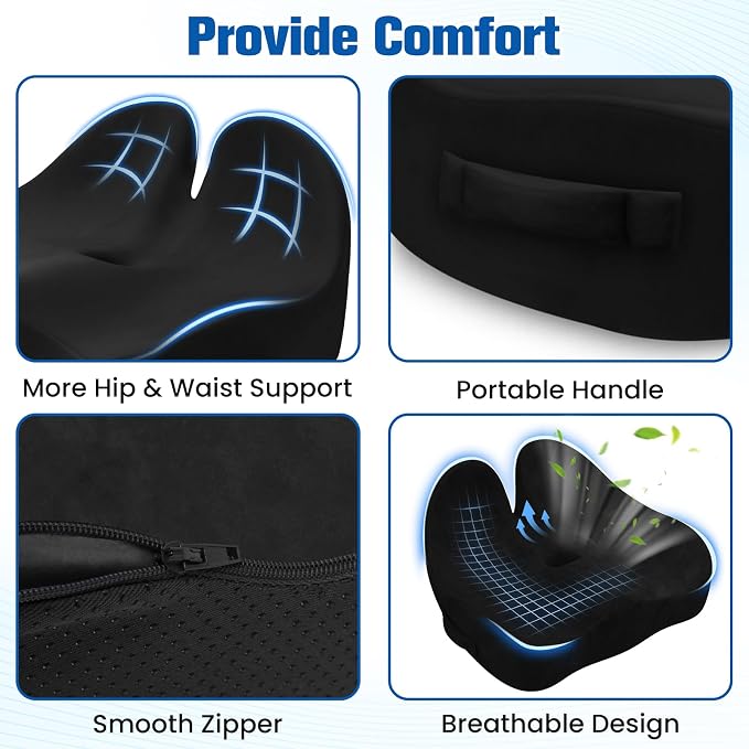 Seat Cushion, Chair Cushions, Memory Foam Office Chair Cushion | Hip & Sciatica & Tailbone Pain Relief, Long Sitting Comfort for Office Chairs/Desk Seats/Wheelchair (Large, Black)
