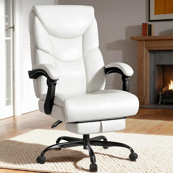 WAILOR 400lbs Office Chair with Foot Rest, Reclining Big and Tall Office Chair with Lumbar Support, High Back PU Leather Computer Chair,Comfy Desk Chair for Home Office (Casual) (White)
