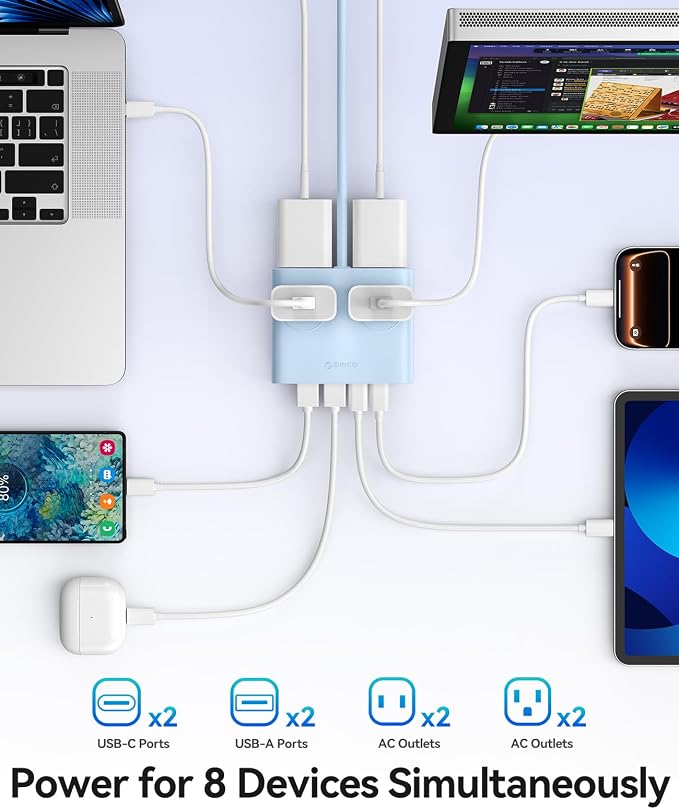 ORICO Power Brick, 25W GaN Power Strip, 8-in-1 Desktop Charging Station with 4 AC Outlets, 2 USB-C, 2 USB-A Ports, 5ft Extension Cord, Ultra Thin Flat Plug for Travel Office ETL Listed-PDC (1 PC)