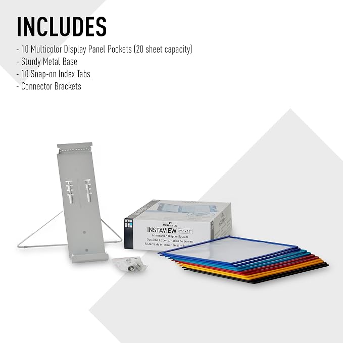 Durable Instaview20 Pocket Expandable Desktop Reference System - Letter Size 10 Double-Sided Panels - Assorted Color Borders (Pack of 10)