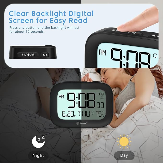Geevon Travel Alarm Clock Battery Operated with Temp & 10s Backlight | 3 Inch LCD Display Clock, Portable with Snooze, Perfect for Home Office Kitchen Bedroom Outdoor, Nice Gift for Any Occasion