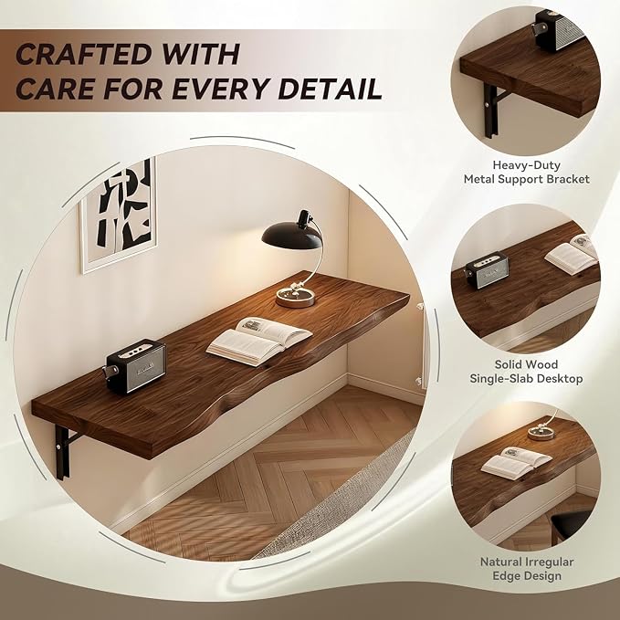 Wall Mounted Folding Desk, 94.5" Rustic Brown Fold Down Table for Kitchen & Laundry with Heavy-Duty Brackets - Space Saving Floating Wall Desk for Small Spaces Solid Wood