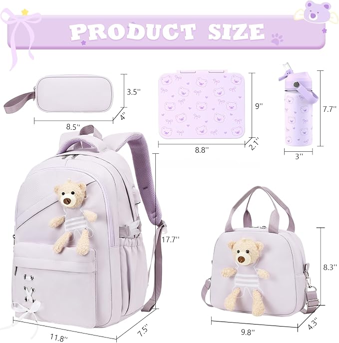 ACESAK Girls Backpack for School Set - 5 PCS Cute Girls Backpack with Lunch Box, Pencil Case, Bento Box & Insulated Water Bottle - Kawaii Casual Kids Bookbag Set Back to School Supplies (Purple)