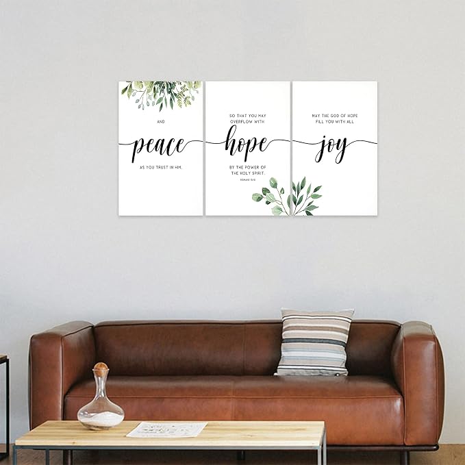3 Piece Inspirational Wall Art, White Plants Background Picture, Quotes "Peace Hope Joy" Canvas Print for Home Decor, Triptych Motivational Poster Framed Artwork for Classroom Wall Decor (48"Wx24" H)