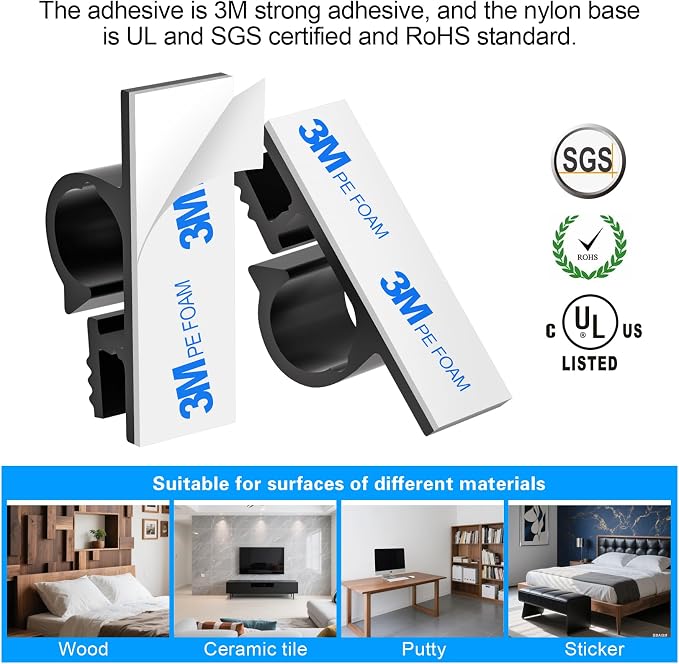 XHF 100pcs Adhesive Cable Wire Clips Black, Outdoor Cable Management Wire Organizer Cord Holder for Under Desk, Car, Wall, TV PC Ethernet Cable