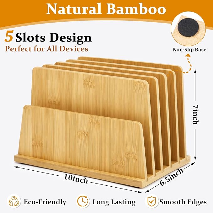 Unittype Bamboo Multi Device Organizer, 5 Slots Vertical Laptop Storage Rack, Computer Charging Station for Smartphones, Tablets and Laptops, Space Saving Organizer for Home Office
