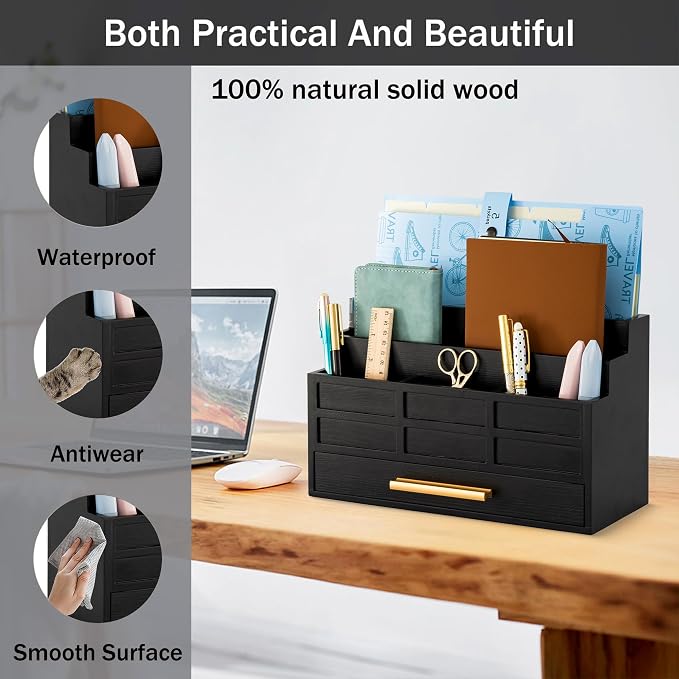 dreampossible Black Wood Desk Organizer and Accessories with Drawer, Bill Mail Organizer and File Mail Holder for Office Supplies, Rustic Desk Accessories & Workspace Organizers for Desk Organization